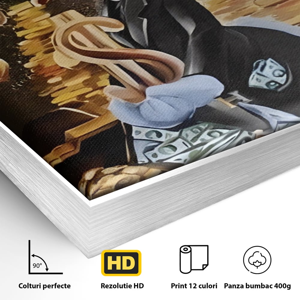 Detaliu al suprafetei: tablou canvas cu scrooge duck si bani, in rama de aluminiu argintiu
